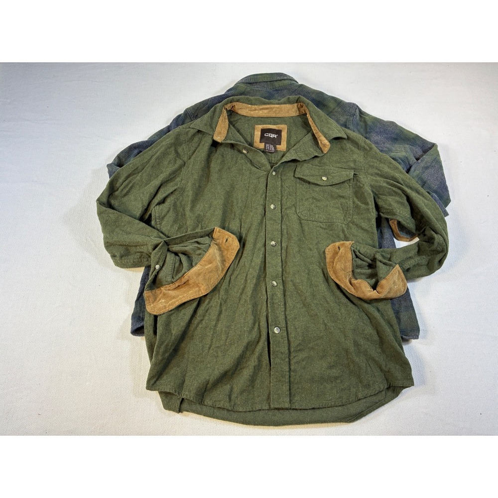 CQR Flannel Shirt Lot of 2 Men's Large Green‎ Plaid Solid Corduroy Trim Cozy